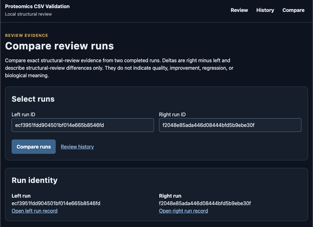 Dark-theme Compare review runs page showing the same comparison state under the alternate system appearance.