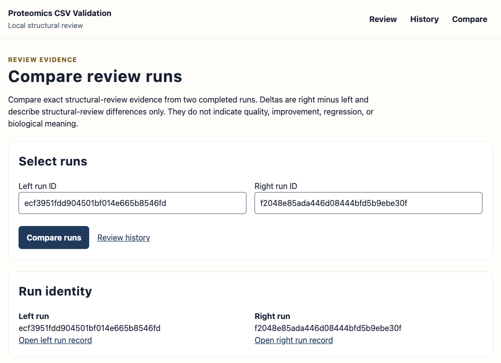Light-theme Compare review runs page showing two selected run identifiers and links to their stored review records.