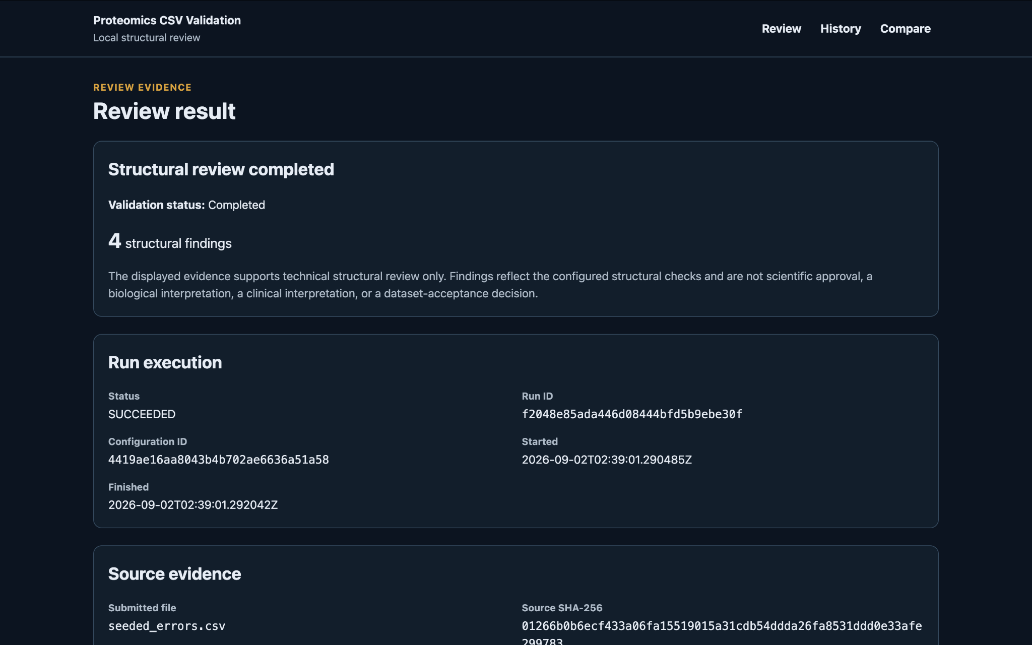Dark-theme Review result page showing a completed structural review with four findings, run details, and source details.